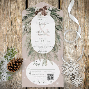 Invitation Tout En Un Code QR rustique Tan Pine Winter Sparkle