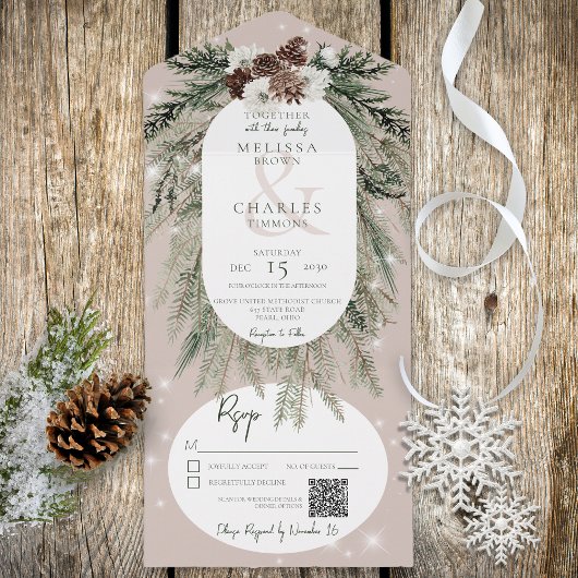 Invitation Tout En Un Code QR rustique Tan Pine Winter Sparkle