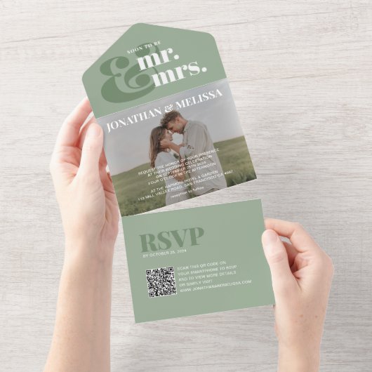 Invitation Tout En Un Code QR | Sage Green Overlay Mariage de script pho (Déchirure)