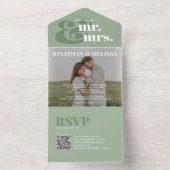 Invitation Tout En Un Code QR | Sage Green Overlay Mariage de script pho (À l'intérieur)