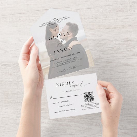 Invitation Tout En Un Code QR Script romantique noir blanc Mariage photo (Déchirure)