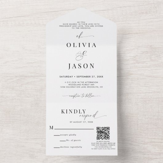 Invitation Tout En Un Code QR Script romantique Noir Blanc Mariage Rsvp (À l'intérieur)