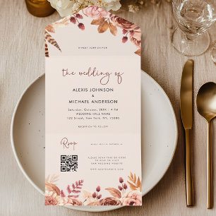 Invitation Tout En Un Code QR site Web Floral Boho Aquarelle Automne