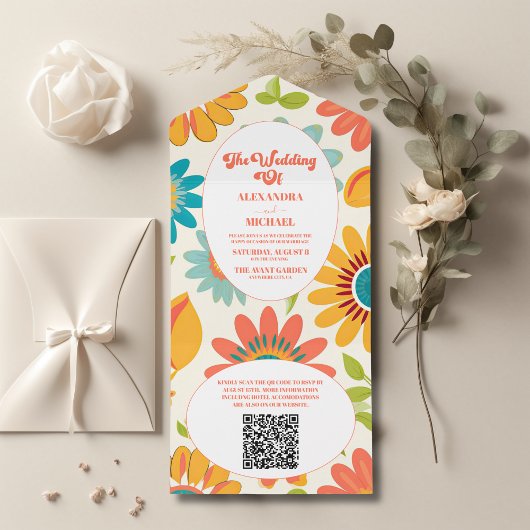 Invitation Tout En Un Code QR Typographie Rétro Mariage Soleil d'Été
