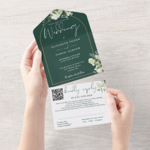 Invitation Tout En Un Code QR vert émeraude Mariage Arche de verdure dor