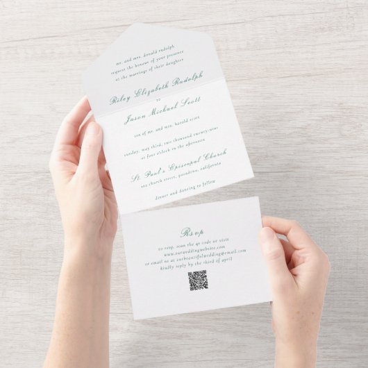 Invitation Tout En Un Code QR Vert Émeraude Propre Élégant Mariage (Déchirure)