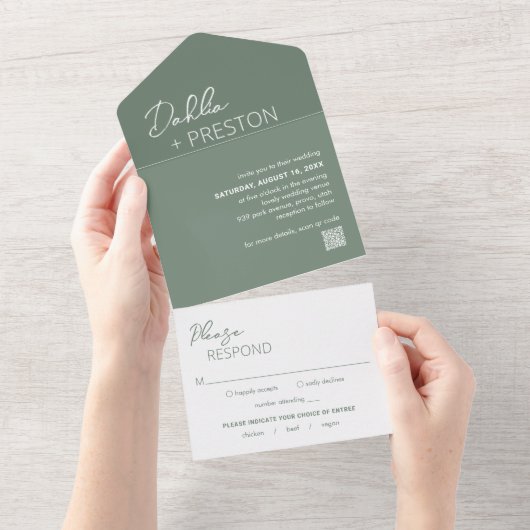 Invitation Tout En Un Code QR vert minimal Sage Moderne Mariage (Déchirure)