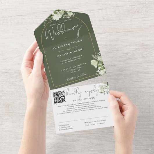 Invitation Tout En Un Code QR vert olive Mariage Arche Dorée Feuillage (Déchirure)