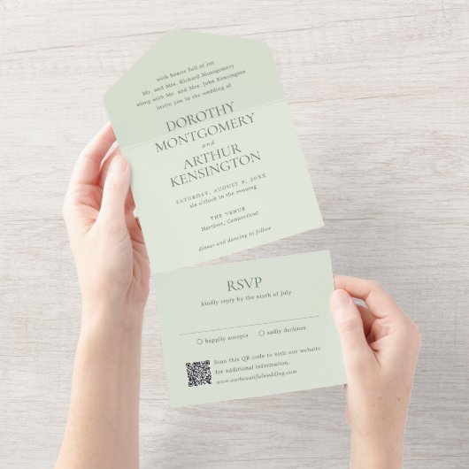 Invitation Tout En Un Code QR Vert Sauge Moderne Élégant pour Mariage (Déchirure)