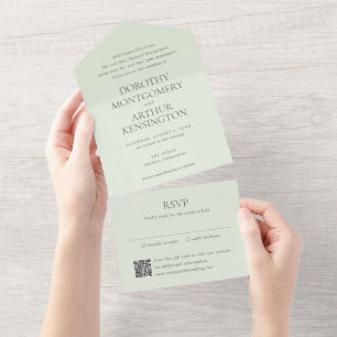 Invitation Tout En Un Code QR Vert Sauge Moderne Élégant pour Mariage