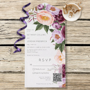 Invitation Tout En Un Code QR vintage Maroon Lavender & Peach Peonies