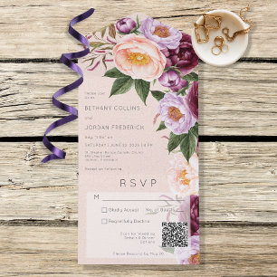 Invitation Tout En Un Code QR vintage Peach Lavender & Maroon Peonies