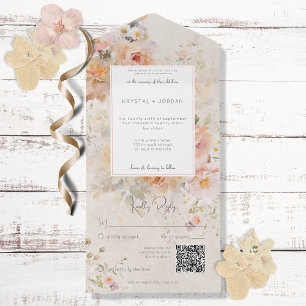 Invitation Tout En Un Code QR vintage Rustique Rose Blush