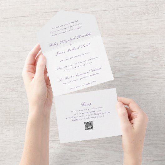 Invitation Tout En Un Code QR Violet Élégant Mariage Propre (Déchirure)