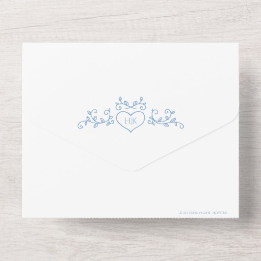Invitation Tout En Un Coeur d'art en feuille mariage monogramme bleu (Verso)
