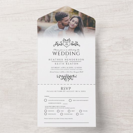 Invitation Tout En Un Coeur d'art feuille mariage monogramme mono (À l'intérieur)