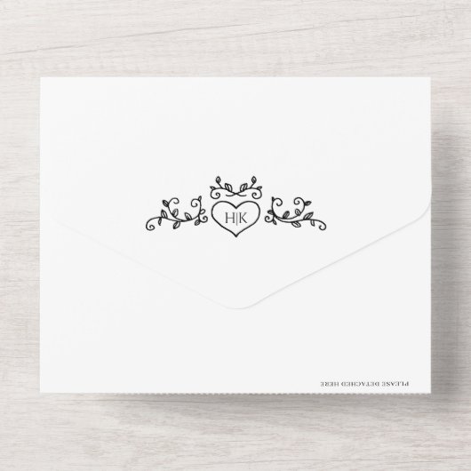 Invitation Tout En Un Coeur d'art feuille mariage monogramme mono (Verso)