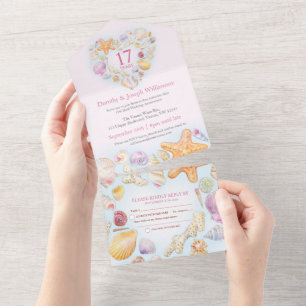 Invitation Tout En Un cœur de coquillage aquarelle 17e anniversaire de m