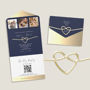Invitation Tout En Un Cœur de corde dorée de la marine QR Mariage