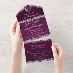 Invitation Tout En Un Coeur romantique et Parties scintillant sur prune