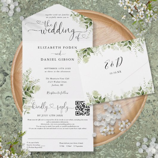 Invitation Tout En Un Coeur Script vert Floral QR Code Mariage