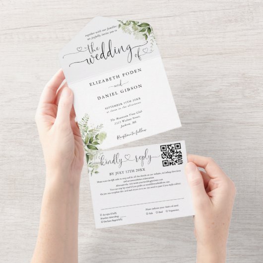 Invitation Tout En Un Coeur Script vert Floral QR Code Mariage (Déchirure)
