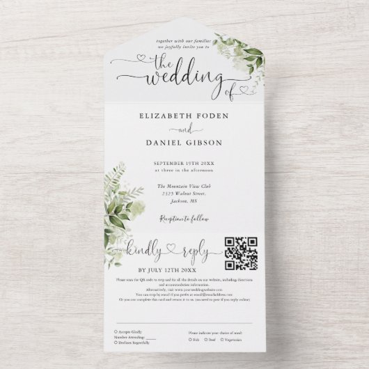 Invitation Tout En Un Coeur Script vert Floral QR Code Mariage (À l'intérieur)