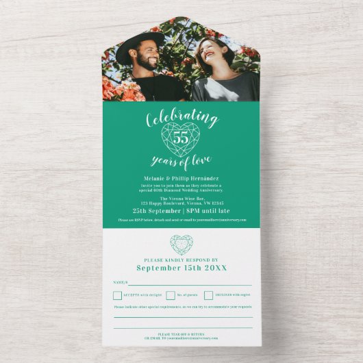 Invitation Tout En Un coeur vert émeraude 55e anniversaire mariage RSVP (À l'intérieur)