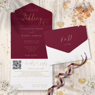 Invitation Tout En Un Coeurs Bourgogne Et Or Script QR Code Mariage
