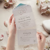 Invitation Tout En Un Coeurs dans le sable destination mariage plage