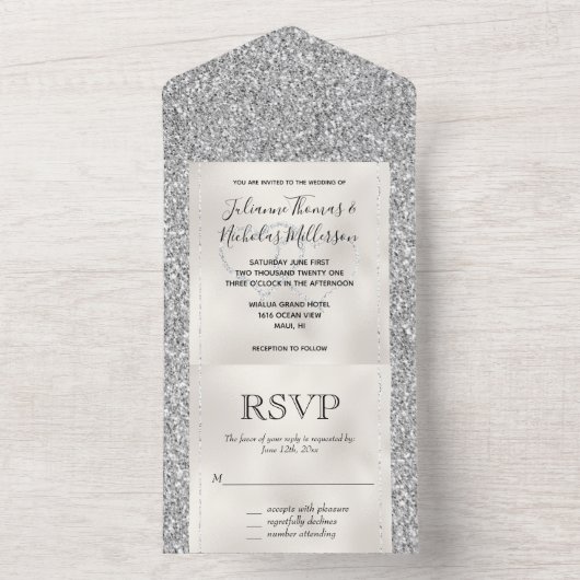 Invitation Tout En Un Coeurs de Parties scintillant en argent blanc (À l'intérieur)