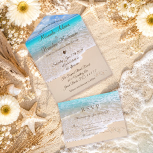 Invitation Tout En Un Coeurs de sable Tropical Ocean Beach Mariage