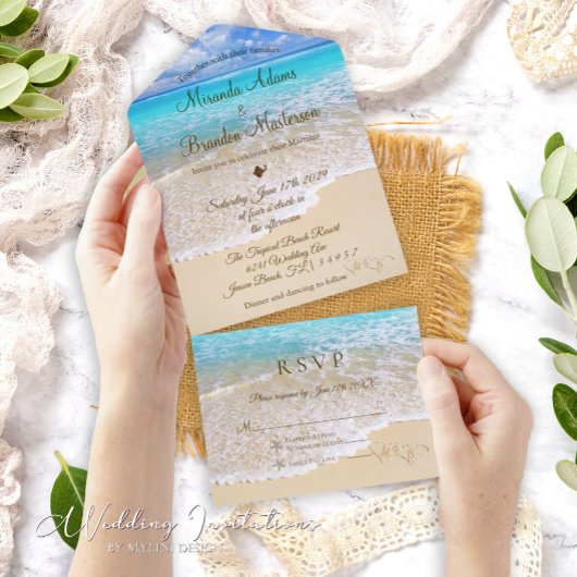 Invitation Tout En Un Coeurs de sable Tropical Ocean Beach Mariage