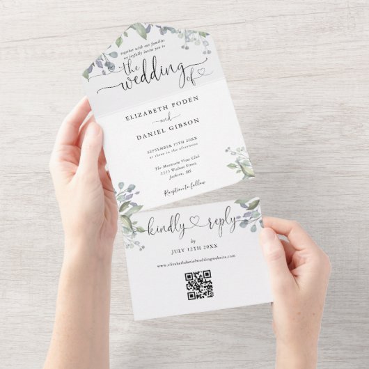 Invitation Tout En Un Coeurs de script Floral Greenery QR Code Mariage (Déchirure)
