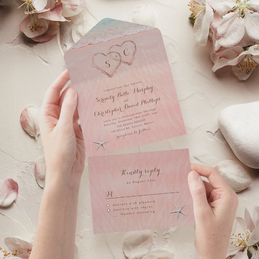 Invitation Tout En Un Coeurs roses dans le mariage plage de destination