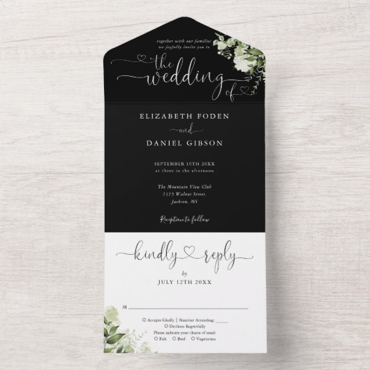 Invitation Tout En Un Coeurs Script Verdure Mariage noir et blanc (À l'intérieur)