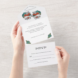 Invitation Tout En Un Coeurs tatoués, Mariage graphique de tatouage