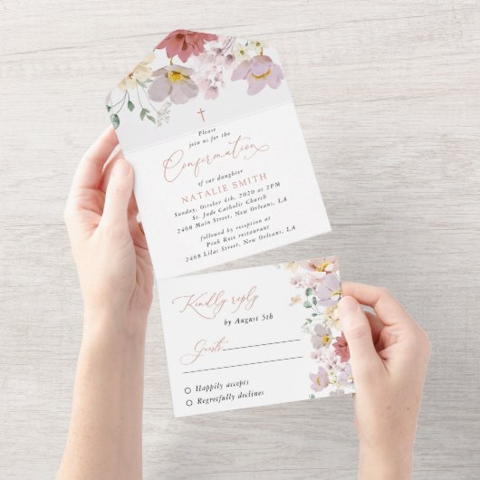 Invitation Tout En Un Colorful Flowers, Wildflowers, Boho, Confirmation (Déchirure)