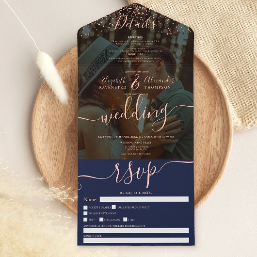 Invitation Tout En Un Confettis doré rose bleu marine photo mariage