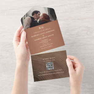 Invitation Tout En Un Copper Wood QR Photo Mariage