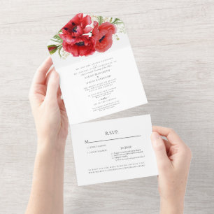 Invitation Tout En Un Coquelicots Rouges Mariage Deux Lieux Blanc Tout E