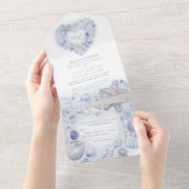 Invitation Tout En Un Coquillages coeur aquarelle plage mariage bleu (Déchirure)