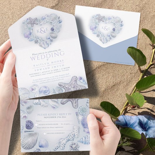 Invitation Tout En Un Coquillages coeur aquarelle plage mariage bleu