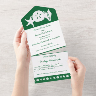 Invitation Tout En Un Coquillages d'été en vert