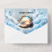 Invitation Tout En Un Coquillages marins vagues bleu or blanc (Verso)