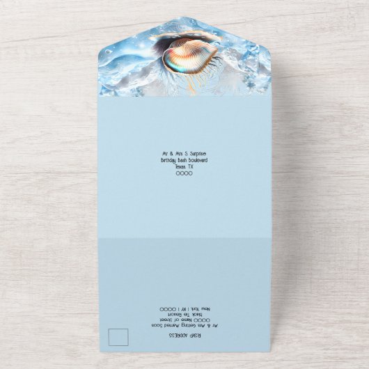 Invitation Tout En Un Coquille d'or bleu océan vagues parties scintillan (Dehors)