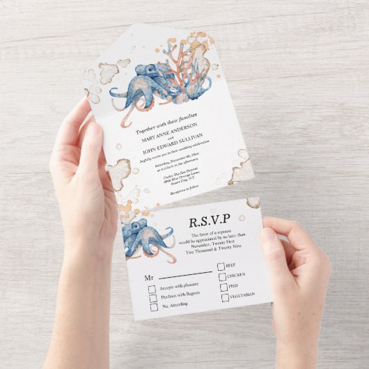 Invitation Tout En Un Corail bleu orange octopus aquarelle océan (Déchirure)