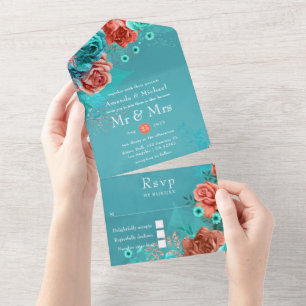 Invitation Tout En Un Corail et Turquoise Mariage floral