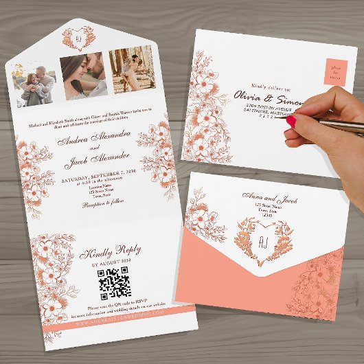 Invitation Tout En Un Coral Floral Rustic Chic Mariage