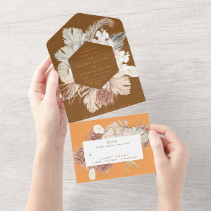 Invitation Tout En Un Coral Terracotta Pampas Boho Floral Desert Mariage